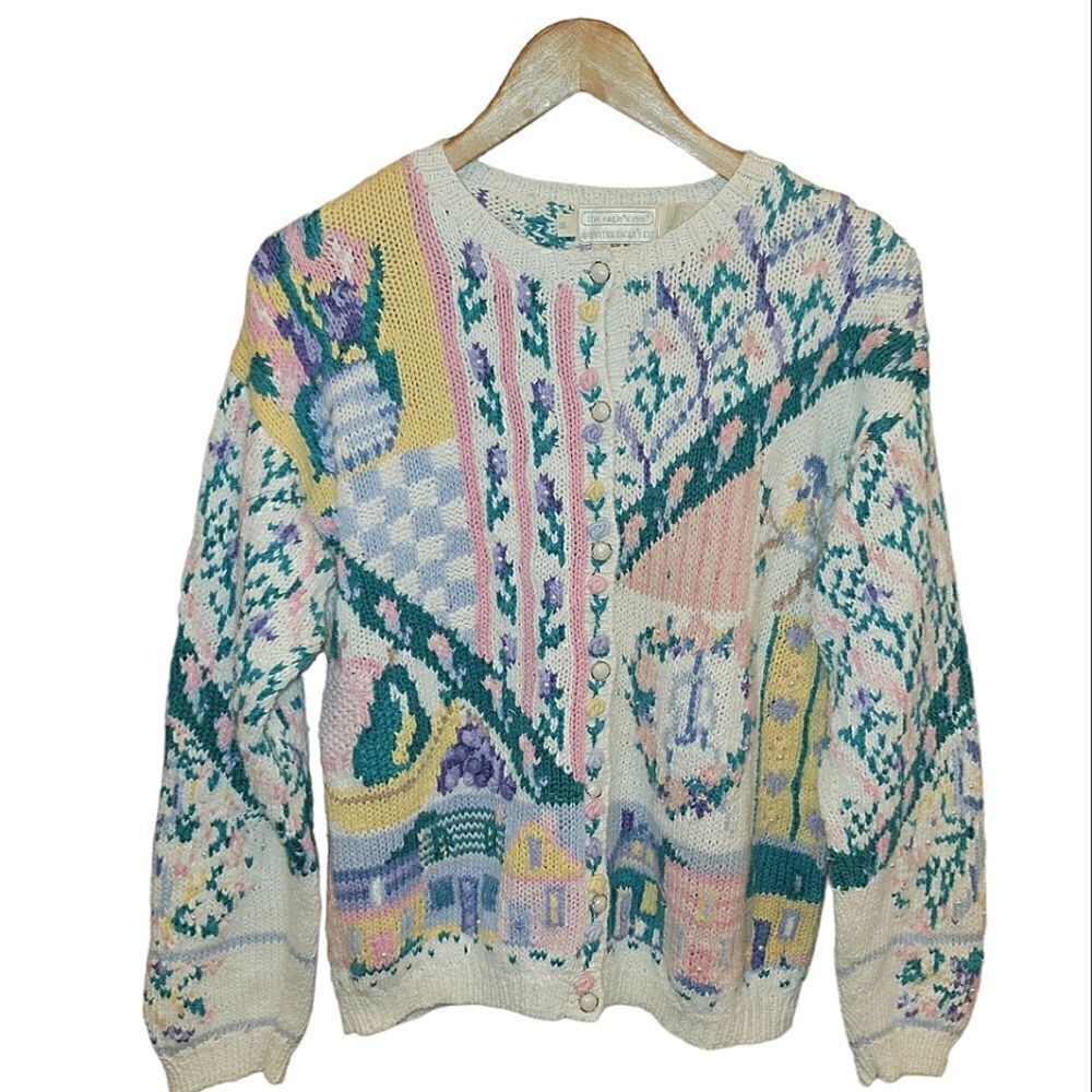 Vintage 1990s The Eagle's Eye Hand Knit Cardigan Sweater Pearl Cotton Raime S